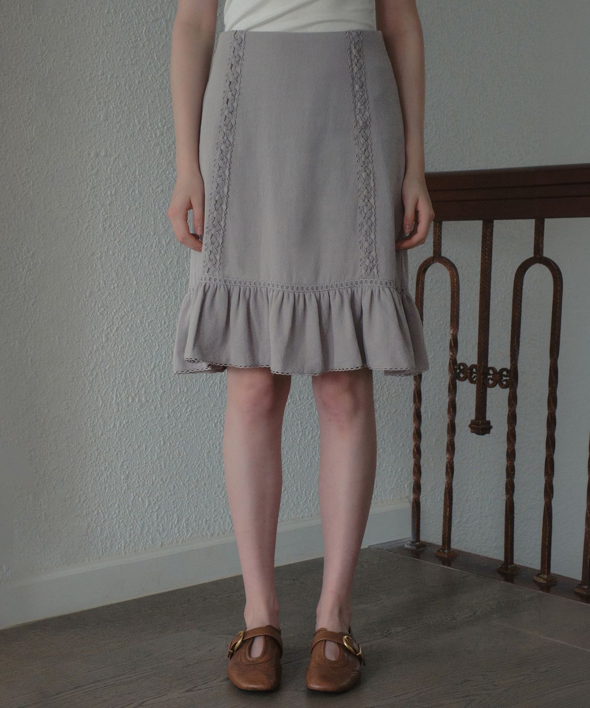 아우어노스텔지아(OURNOSTALGIA) Cottage Lace Midi Skirt_Lavender Gray(OB6SK20)