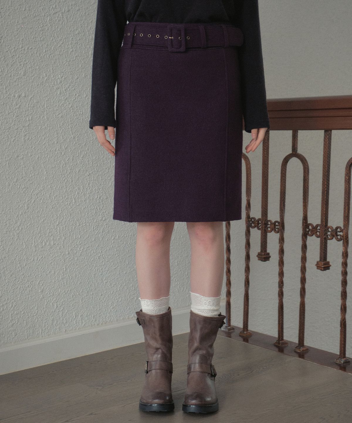 아우어노스텔지아(OURNOSTALGIA) Wool Belted Midi Skirt_Purple(OB6SK18)