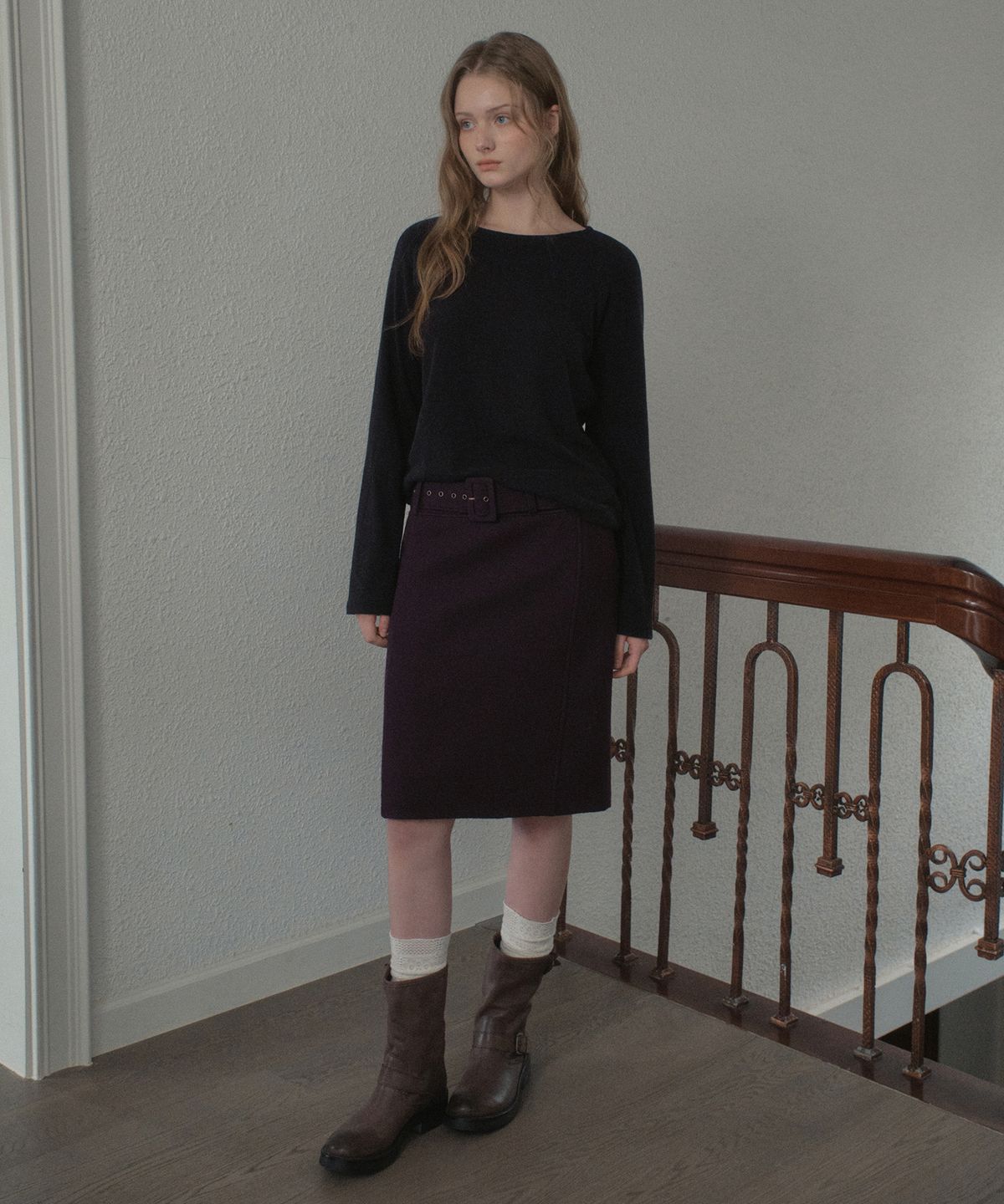 아우어노스텔지아(OURNOSTALGIA) Wool Belted Midi Skirt_Purple(OB6SK18)