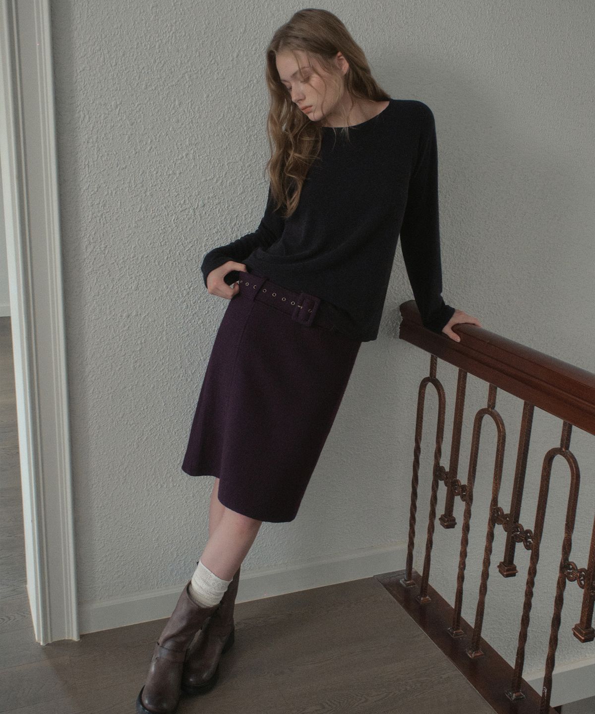 아우어노스텔지아(OURNOSTALGIA) Wool Belted Midi Skirt_Purple(OB6SK18)