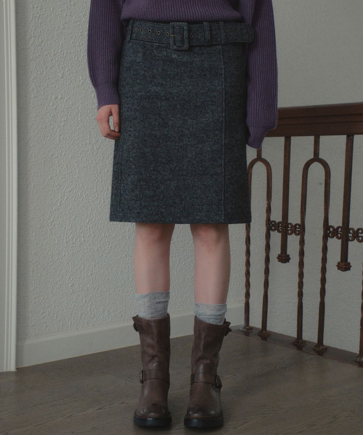아우어노스텔지아(OURNOSTALGIA) Wool Belted Midi Skirt_Charcoal(OB6SK18)