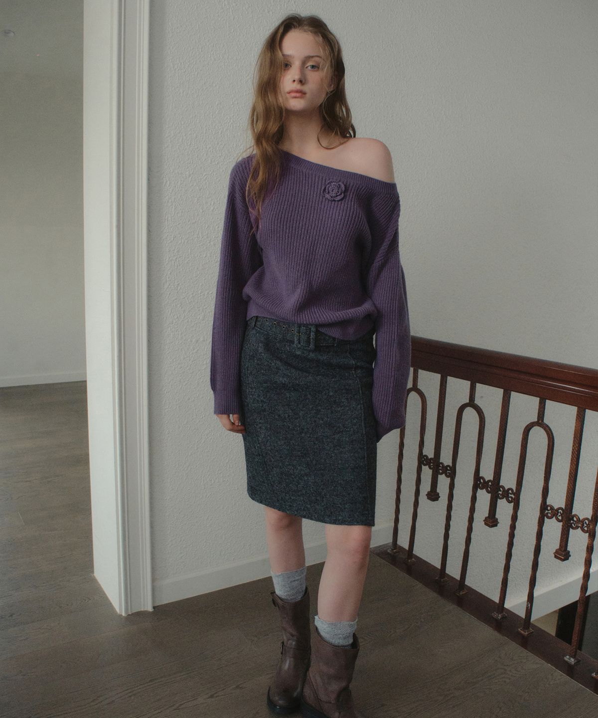 아우어노스텔지아(OURNOSTALGIA) Wool Belted Midi Skirt_Charcoal(OB6SK18)
