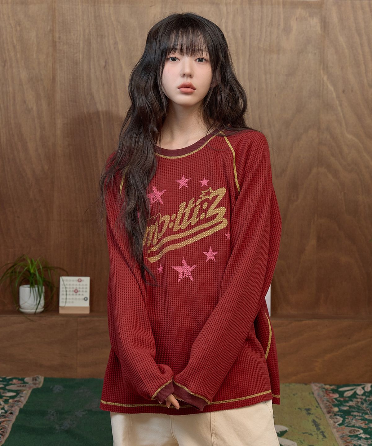 와이케이(WAIKEI) 와플 래글런 롱슬리브 티셔츠 버건디
