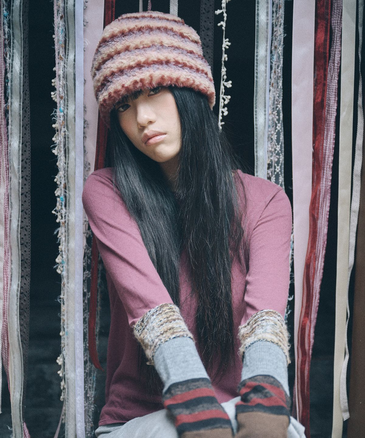 키이비(KIIBI) stripe fur beanie pink