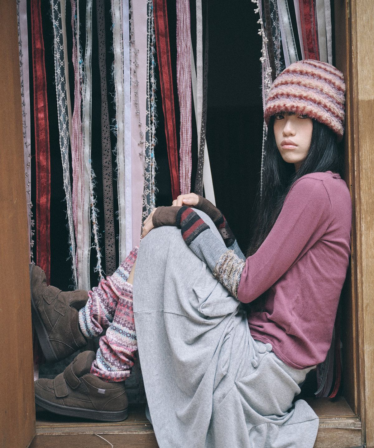 키이비(KIIBI) stripe fur beanie pink