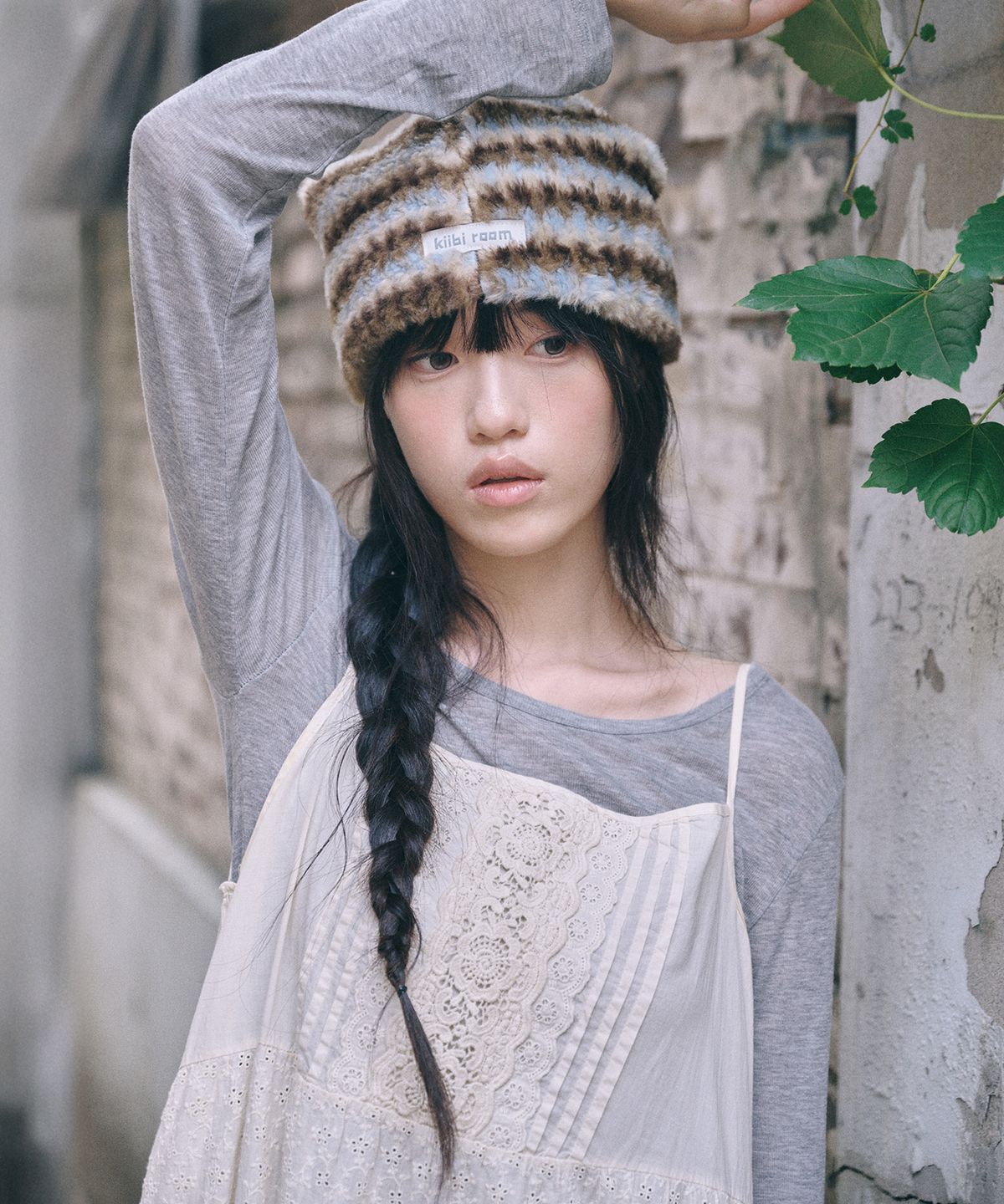 키이비(KIIBI) stripe fur beanie blue