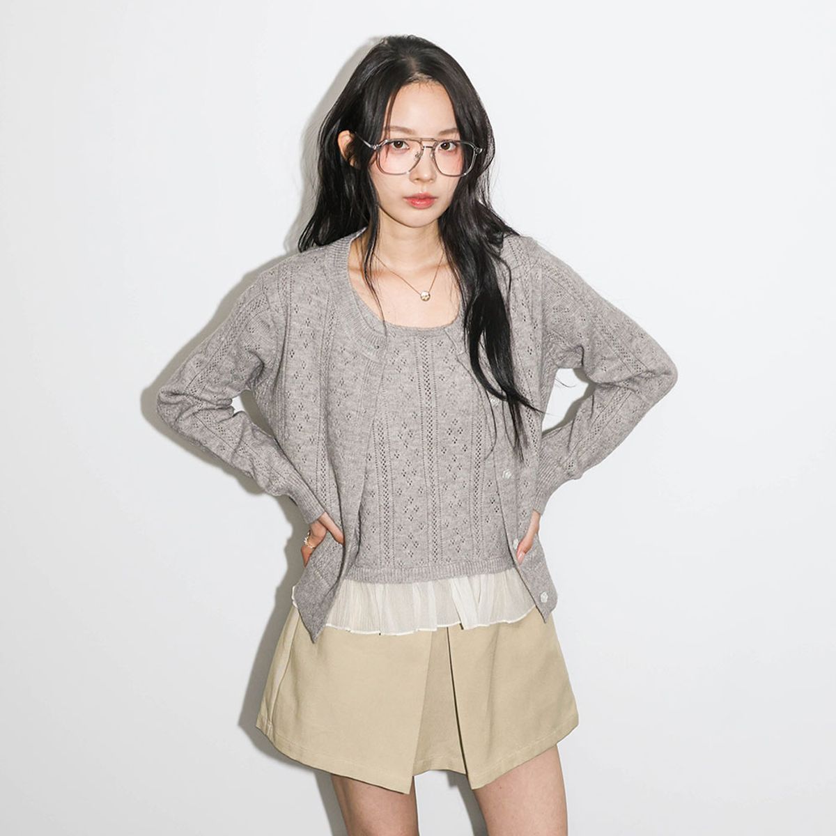 던드롭(DUNDROP) DD_Layered knit cardigan set_2color