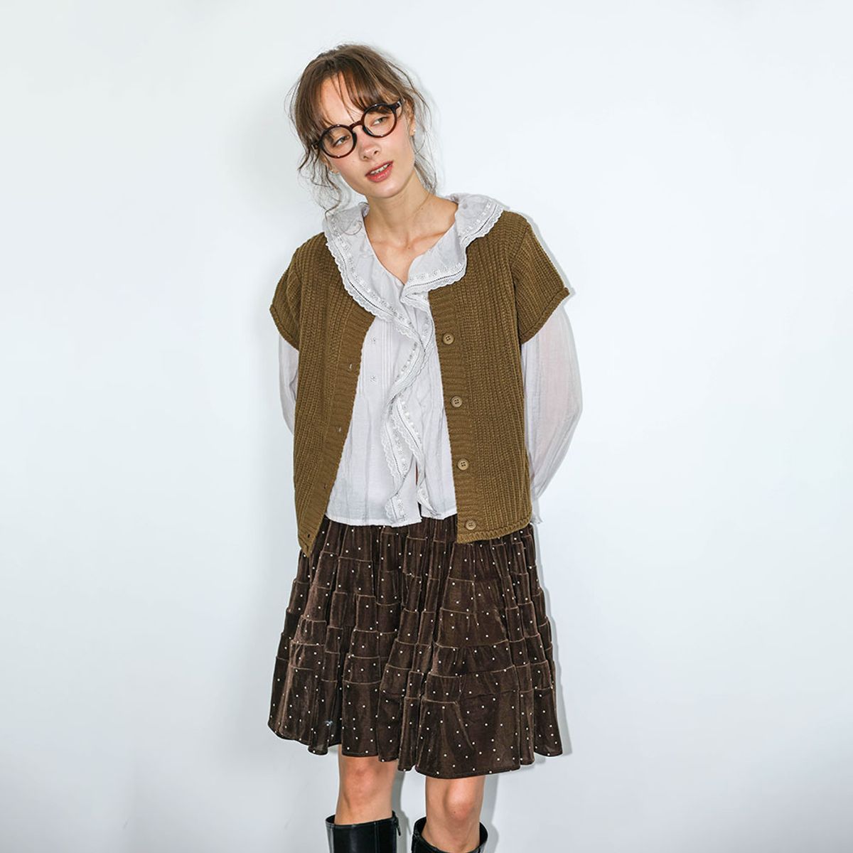 던드롭(DUNDROP) DD_Polka dot velvet pleated skirt