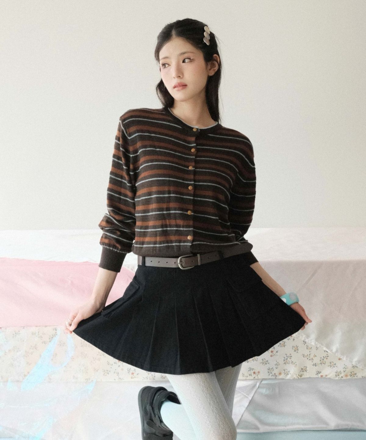 쿨키튼(KOOLKITTEN) Mixed Stripe Button  Knit Cardigan 2colors