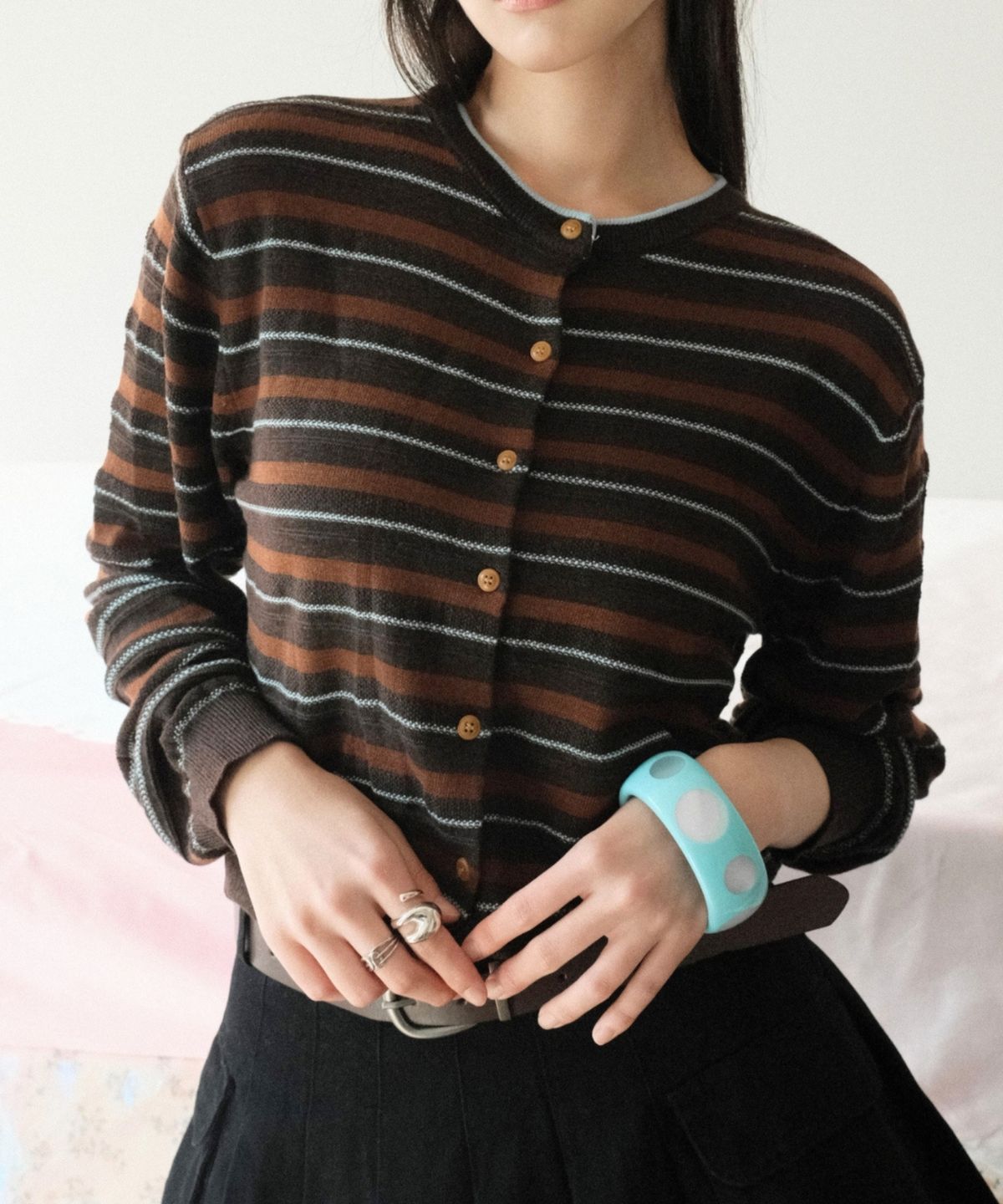 쿨키튼(KOOLKITTEN) Mixed Stripe Button  Knit Cardigan 2colors