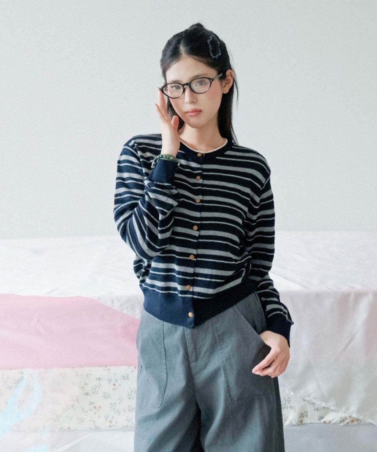 쿨키튼(KOOLKITTEN) Mixed Stripe Button  Knit Cardigan 2colors