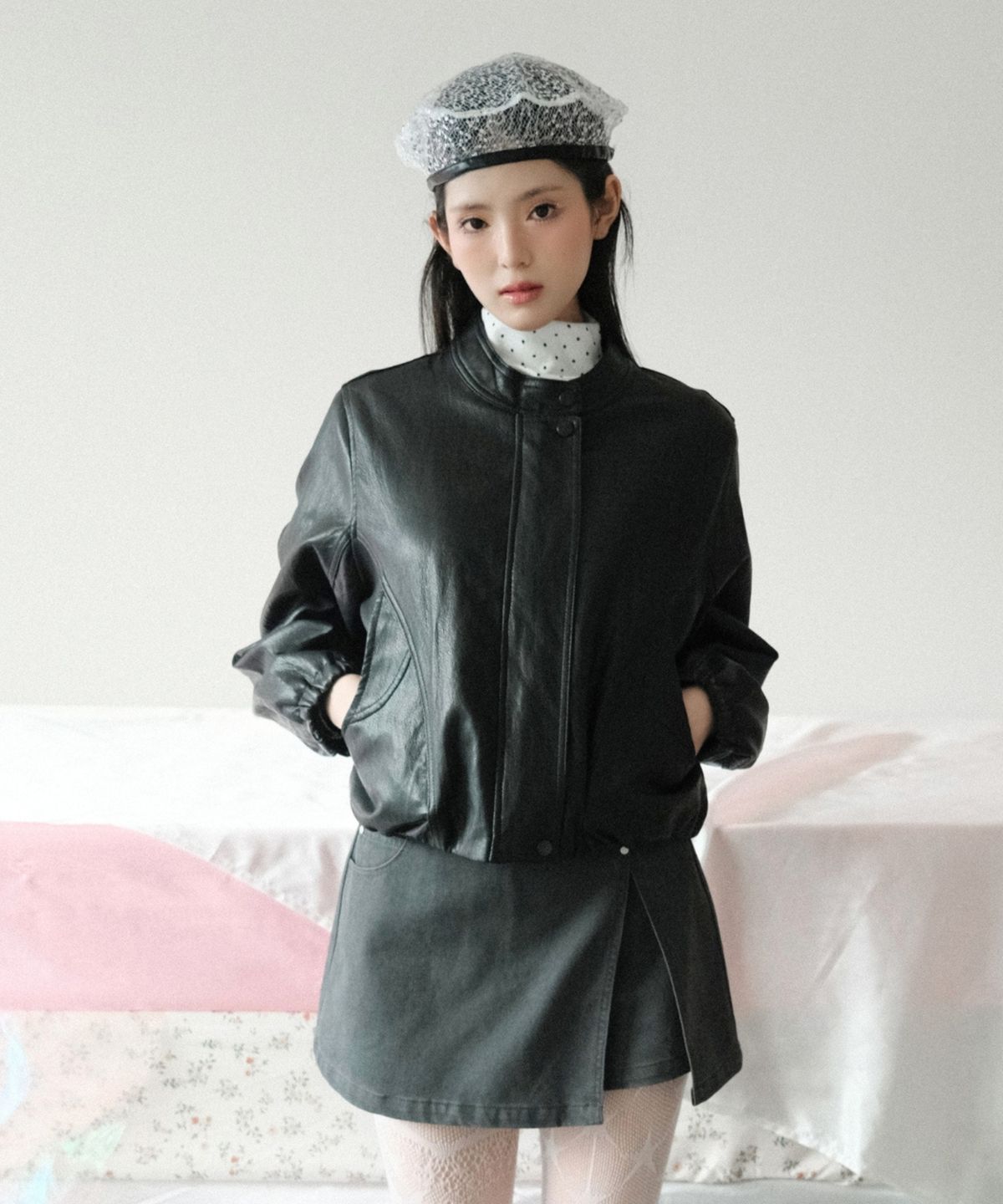 쿨키튼(KOOLKITTEN) Minimal Collar Faux Leather Jacket 2colors