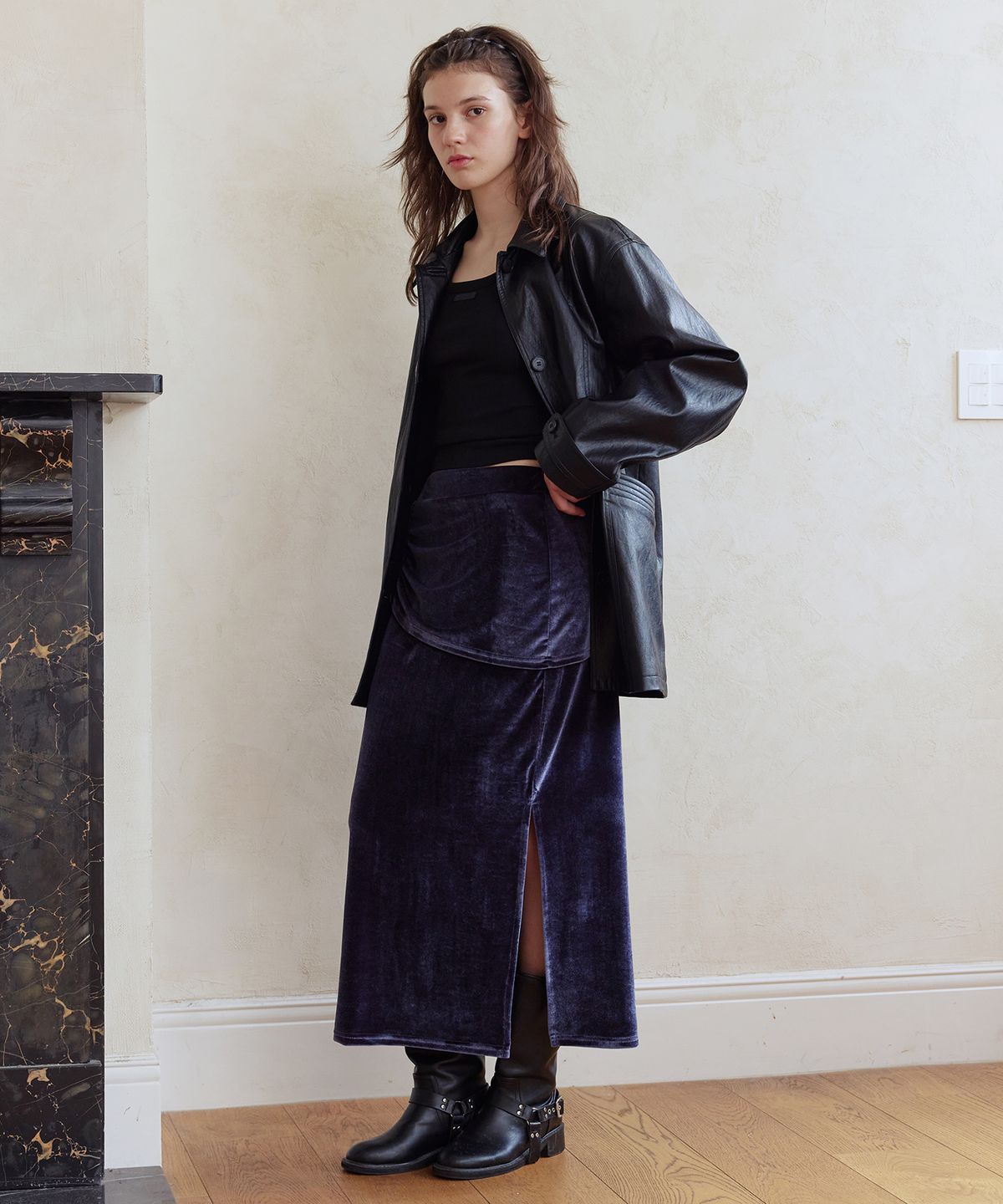 애프터아워즈(AFTERHOURS) VELVET SHIRRING LONG SKIRT (MIDNIGHT)