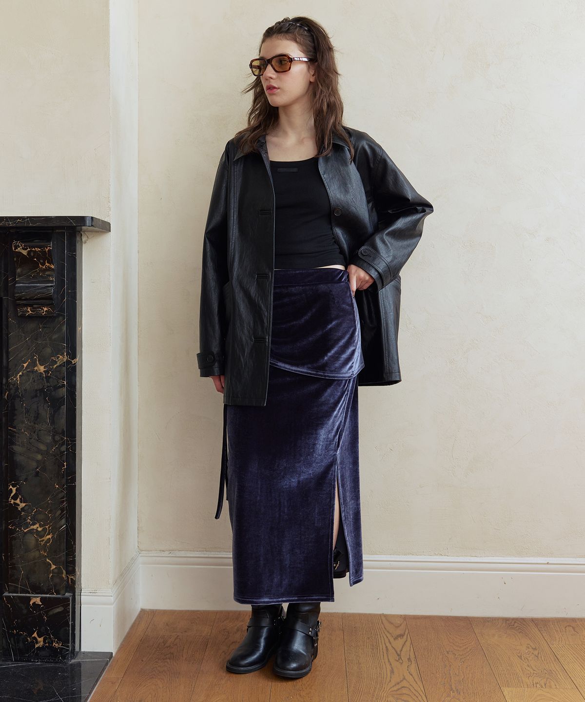 애프터아워즈(AFTERHOURS) VELVET SHIRRING LONG SKIRT (MIDNIGHT)