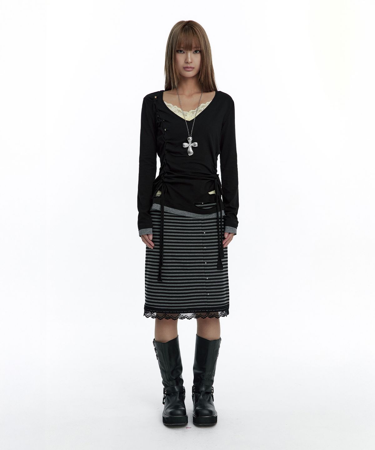 러프넥(ROUGHNECK) Stripe Lace Skirt