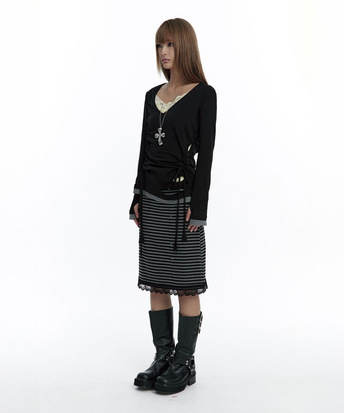 러프넥(ROUGHNECK) Stripe Lace Skirt