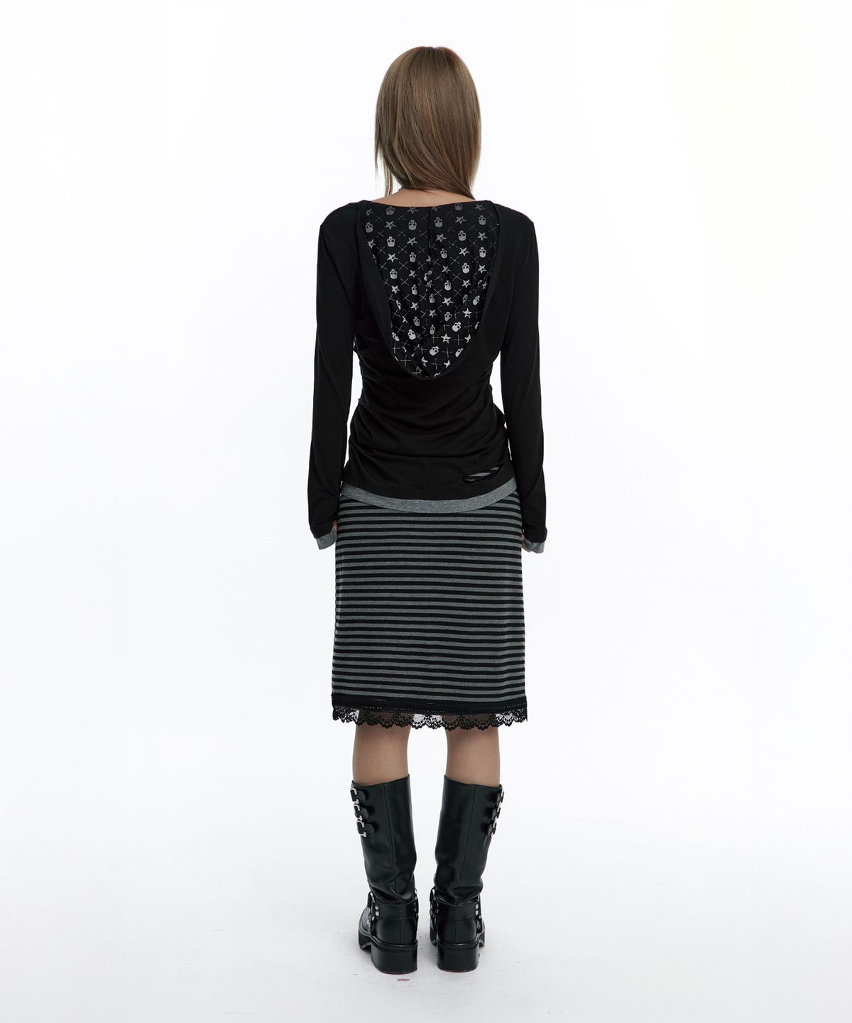 러프넥(ROUGHNECK) Stripe Lace Skirt