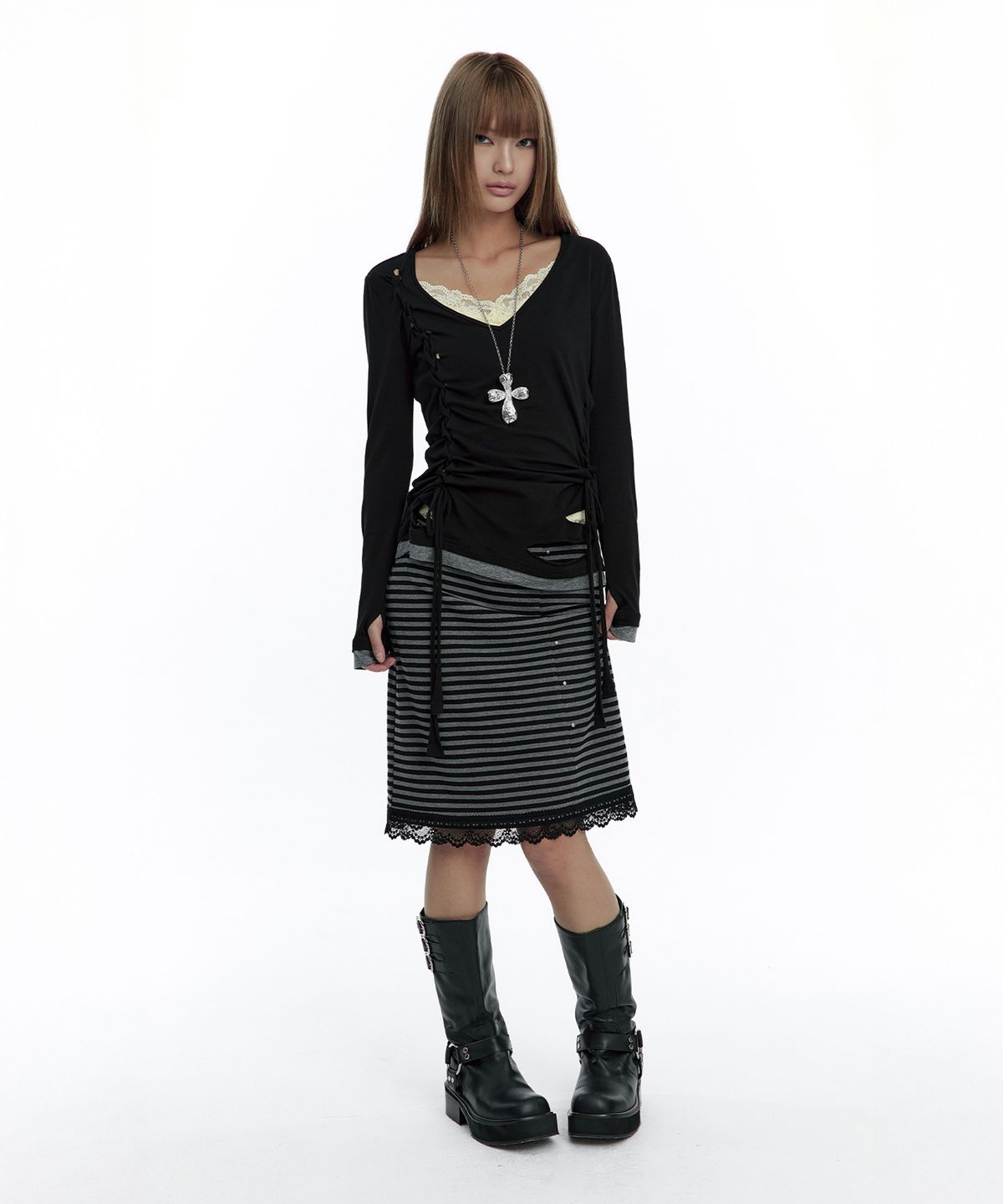 러프넥(ROUGHNECK) Stripe Lace Skirt