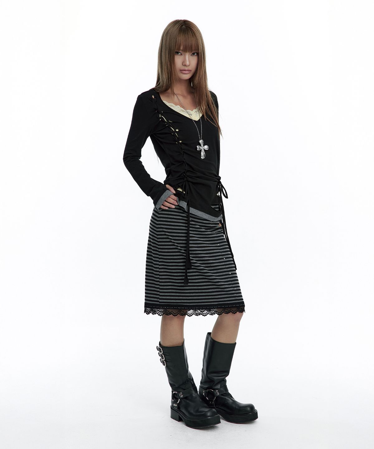러프넥(ROUGHNECK) Stripe Lace Skirt