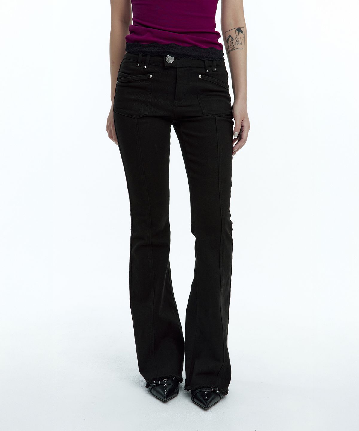 러프넥(ROUGHNECK) Western Studed BootCut Pants Black