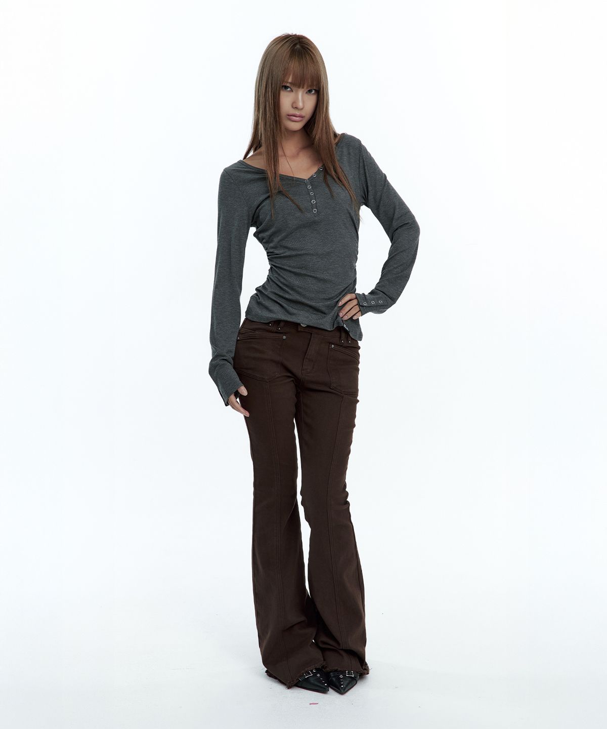 러프넥(ROUGHNECK) Western Studed BootCut Pants Brown