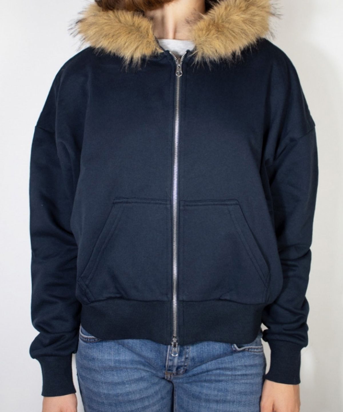 섭듀드(SUBDUED) Hooded Sweatshirt with Faux Fur (BLUE)
