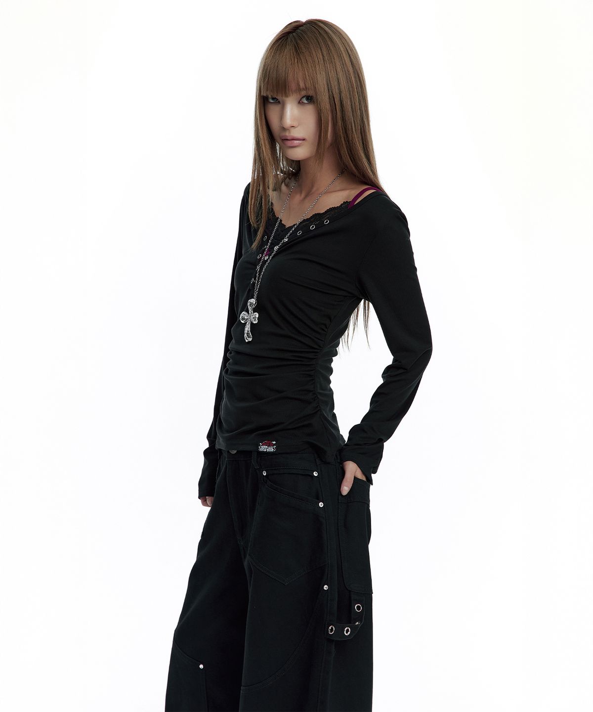 러프넥(ROUGHNECK) Shirring Henlyneck Long Sleeve Black