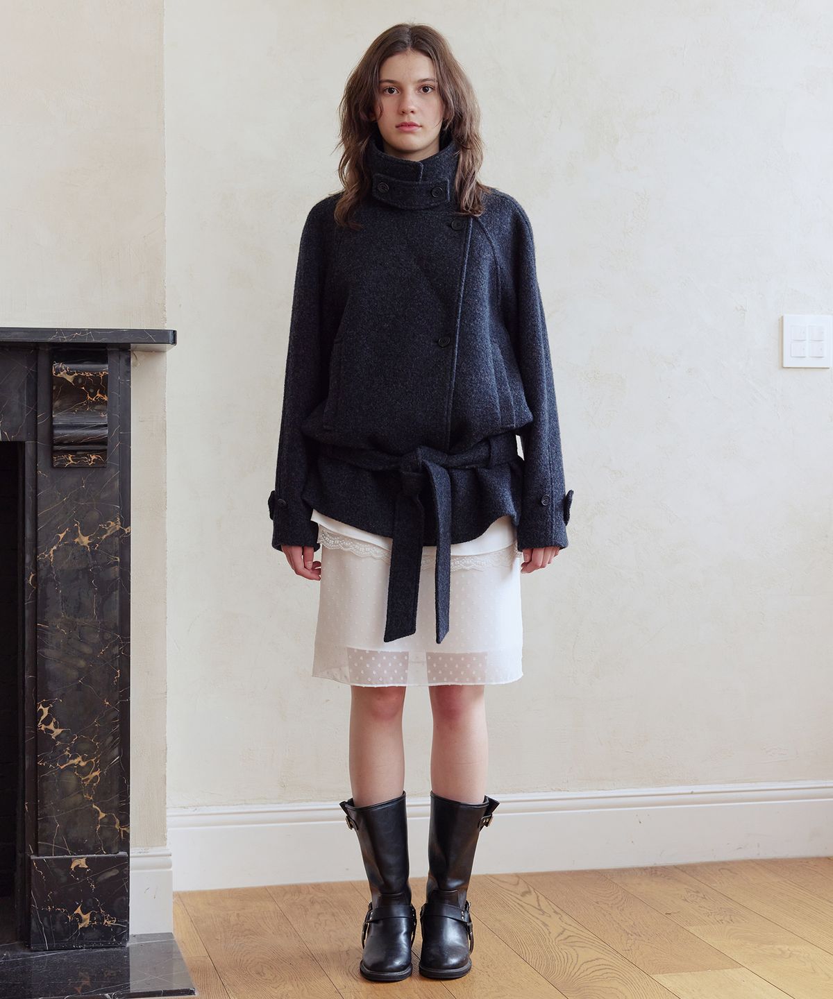 애프터아워즈(AFTERHOURS) WOOL BELTED HALF COAT (CHARCOAL)