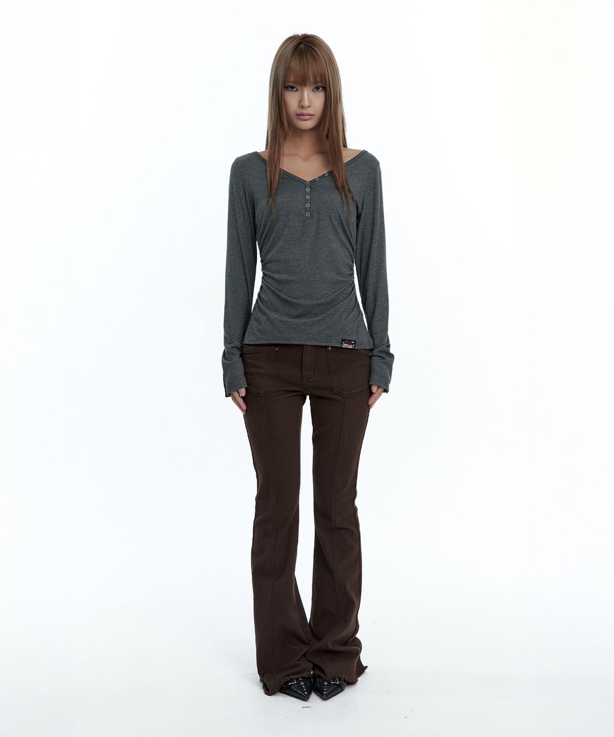 러프넥(ROUGHNECK) Shirring Henlyneck Long Sleeve Charcoal