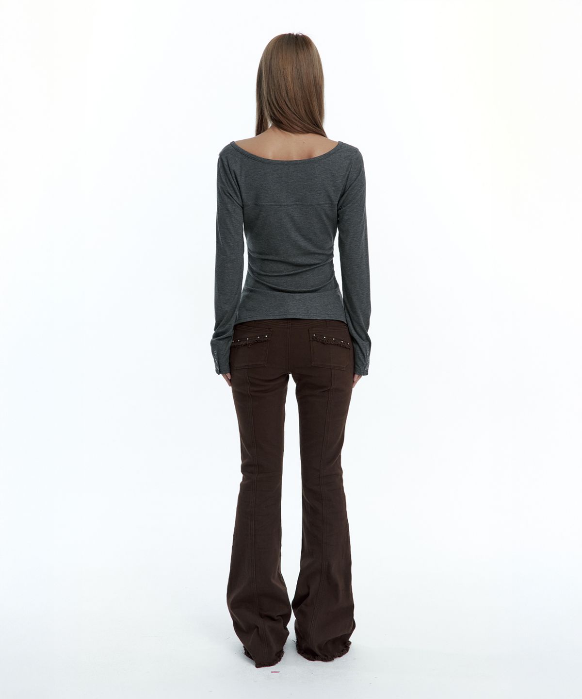 러프넥(ROUGHNECK) Shirring Henlyneck Long Sleeve Charcoal