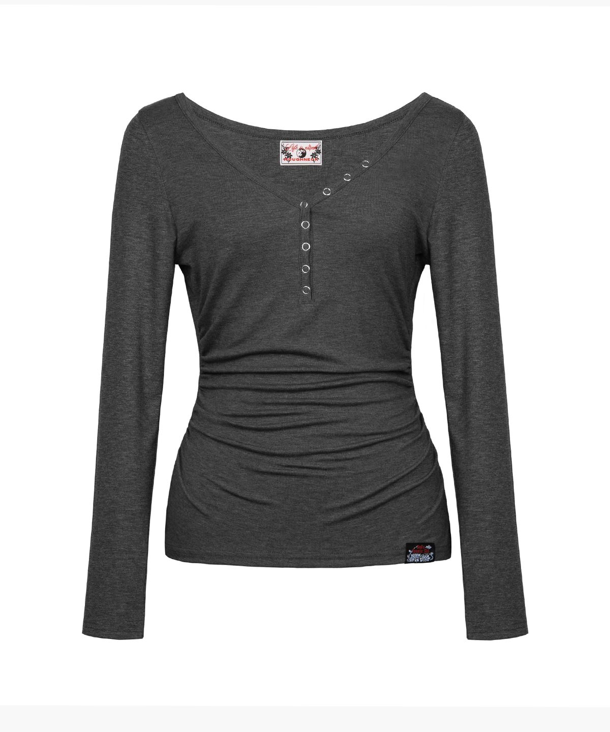 러프넥(ROUGHNECK) Shirring Henlyneck Long Sleeve Charcoal