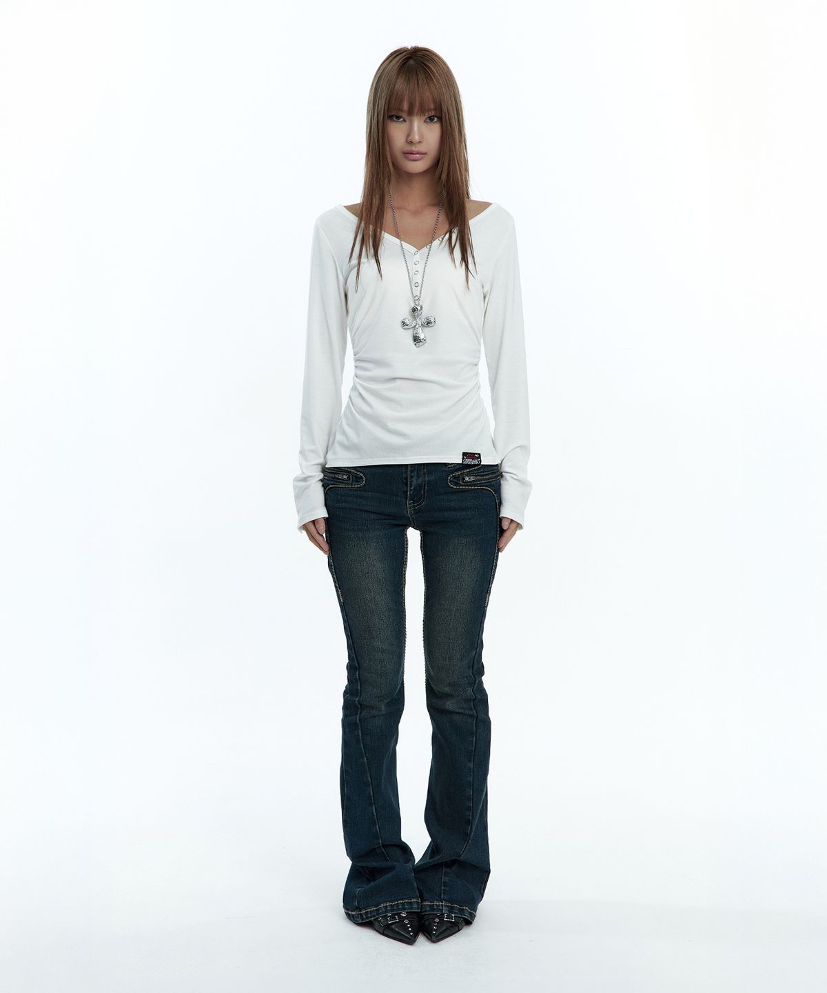 러프넥(ROUGHNECK) Shirring Henlyneck Long Sleeve White