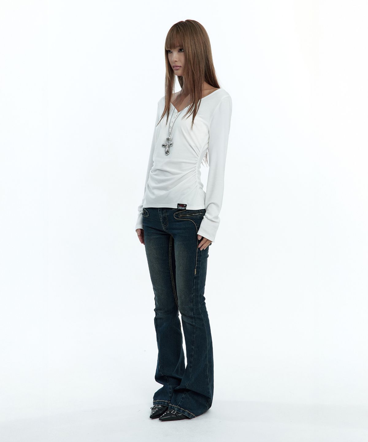 러프넥(ROUGHNECK) Shirring Henlyneck Long Sleeve White