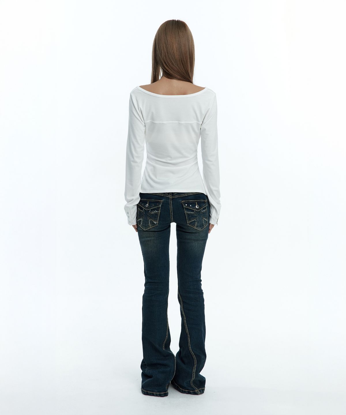 러프넥(ROUGHNECK) Shirring Henlyneck Long Sleeve White