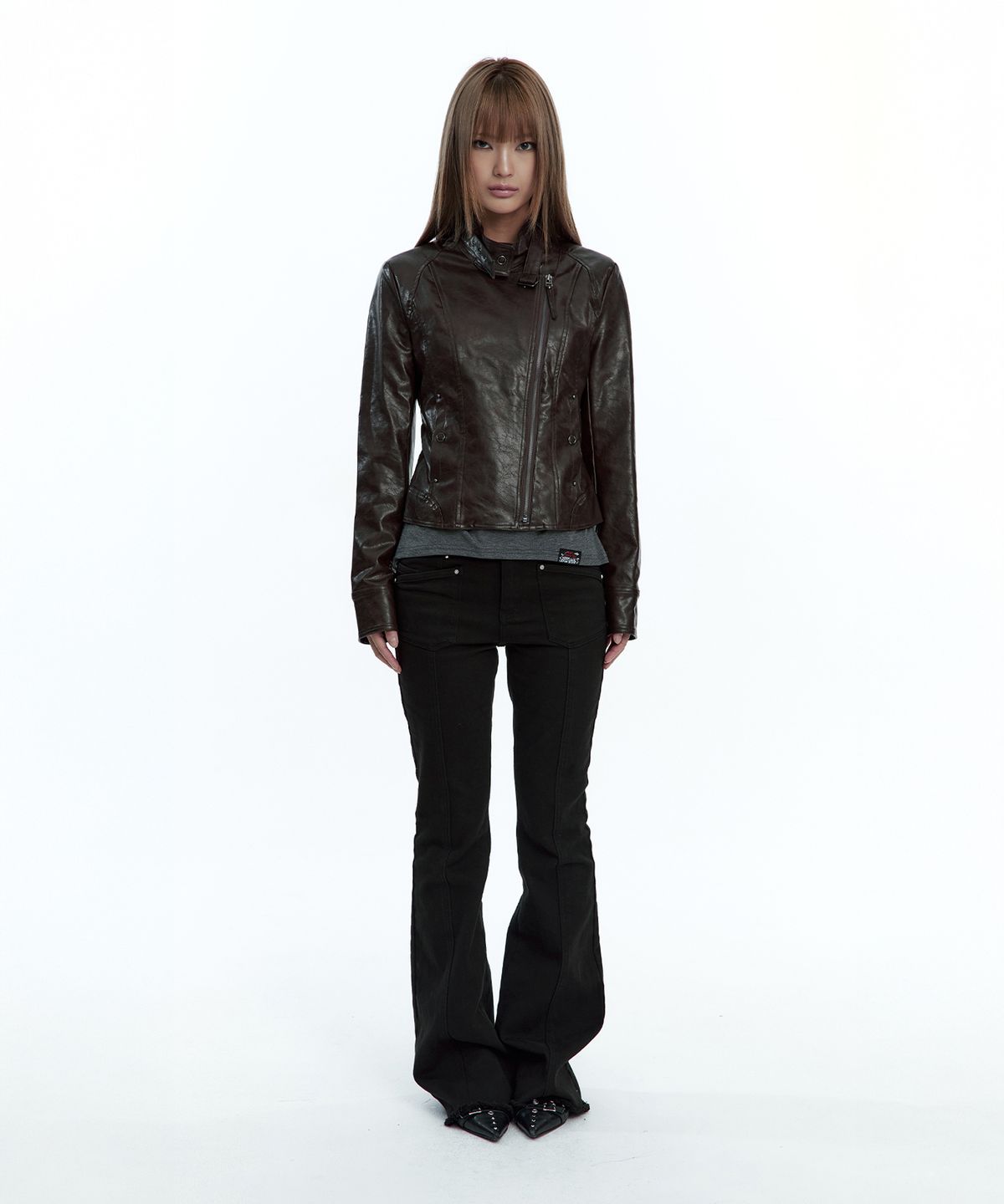 러프넥(ROUGHNECK) Slim Line Leather Jacket Brown