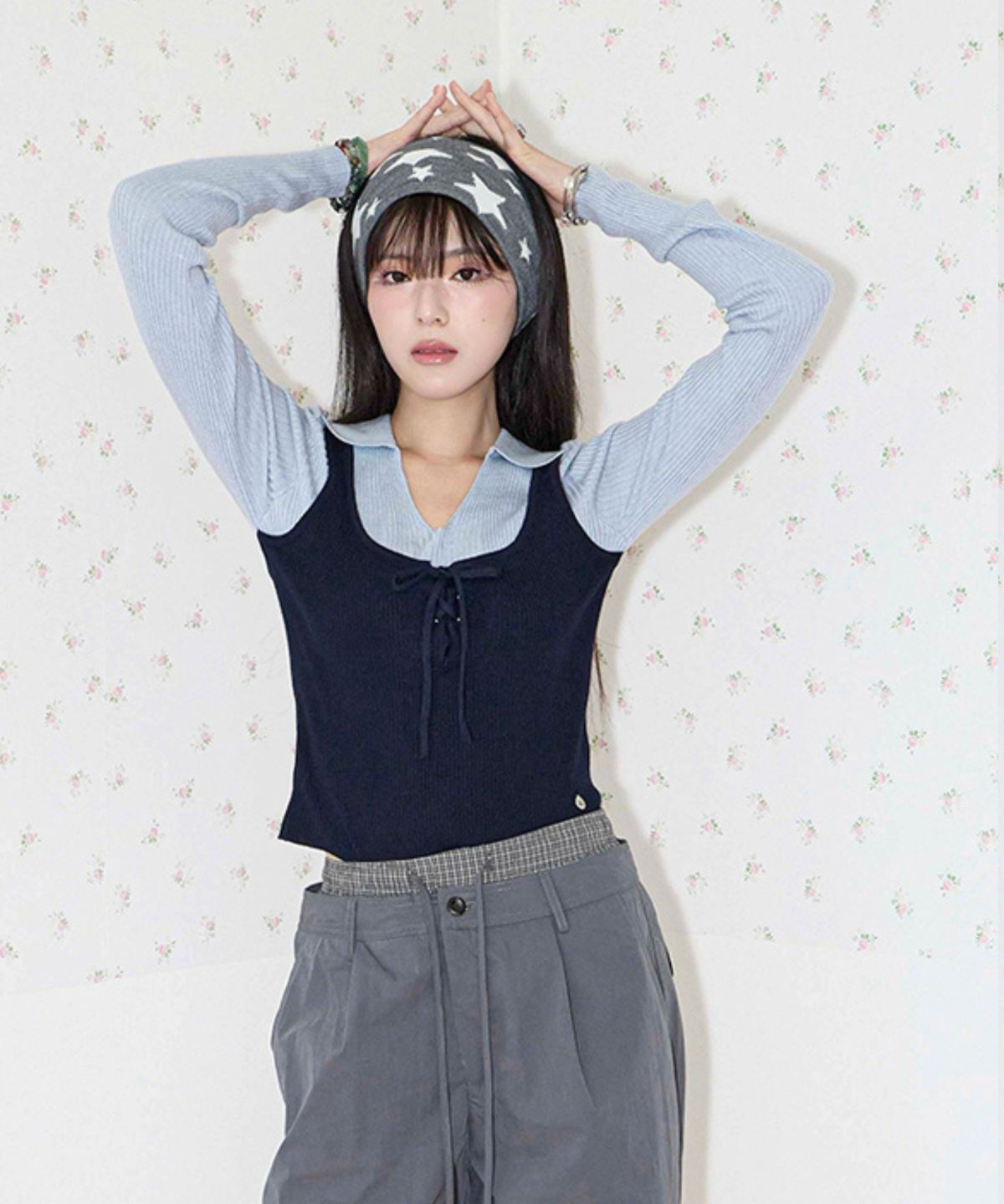 쿨키튼(KOOLKITTEN) Bustier Layered Knit Top (NAVY)