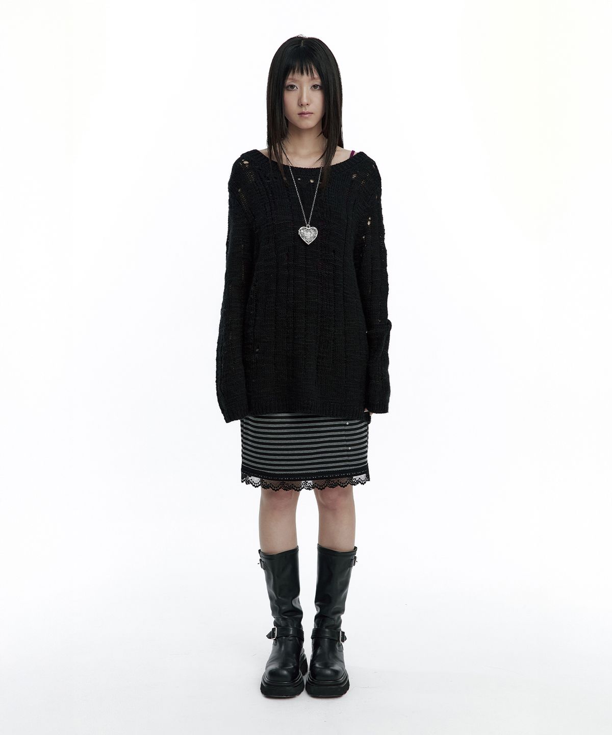러프넥(ROUGHNECK) Damaged Graphic Knit Black
