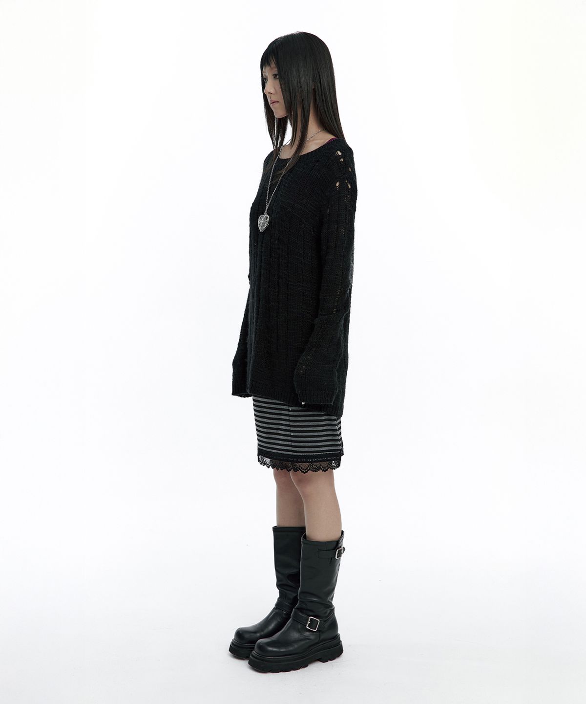 러프넥(ROUGHNECK) Damaged Graphic Knit Black