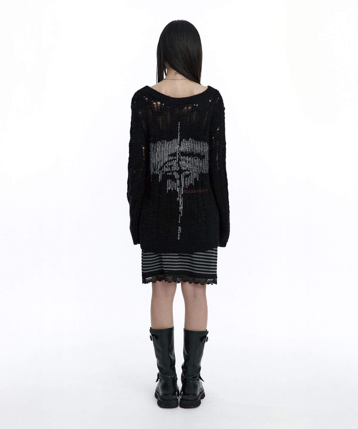 러프넥(ROUGHNECK) Damaged Graphic Knit Black