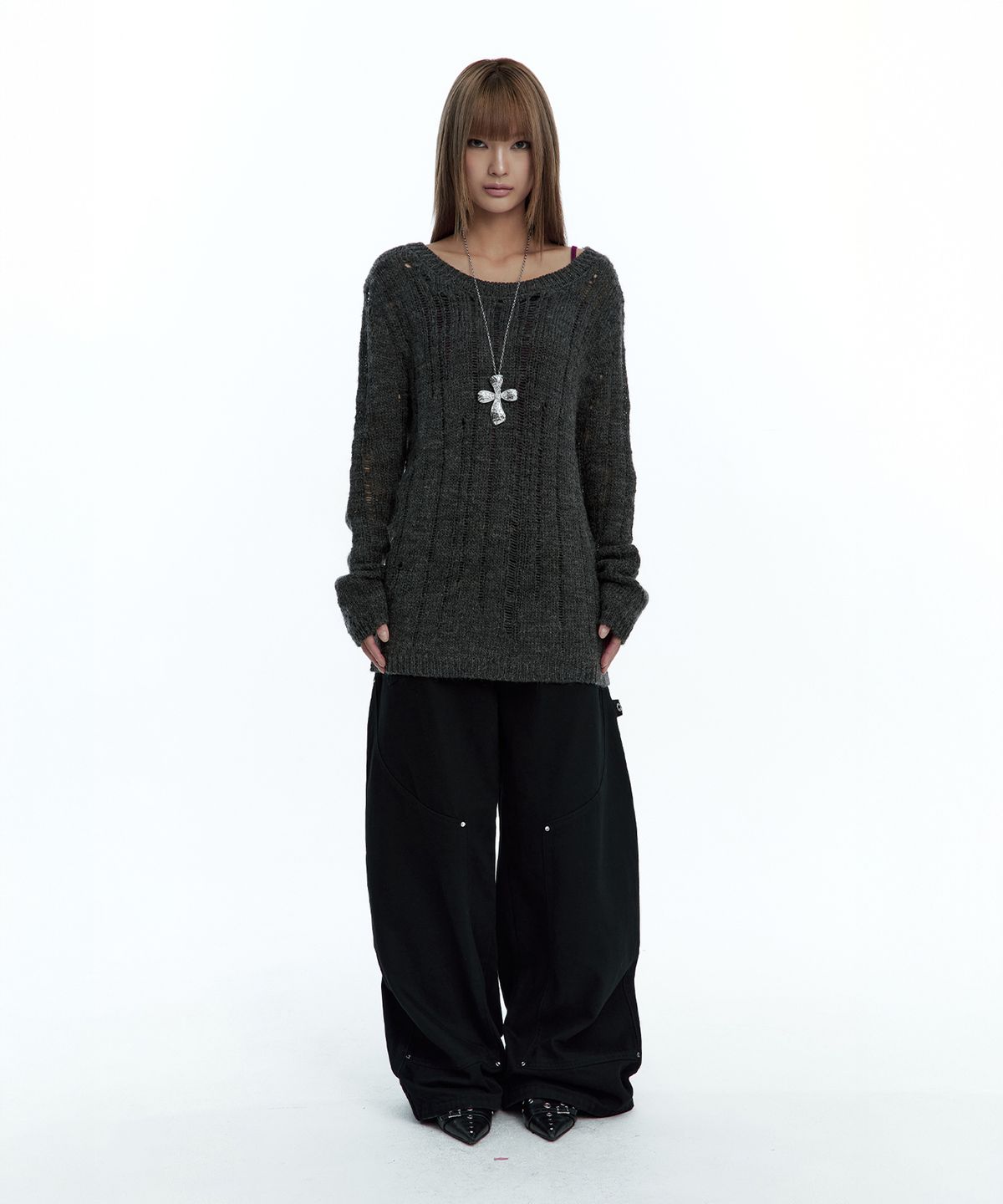 러프넥(ROUGHNECK) Damaged Graphic Knit Charcoal