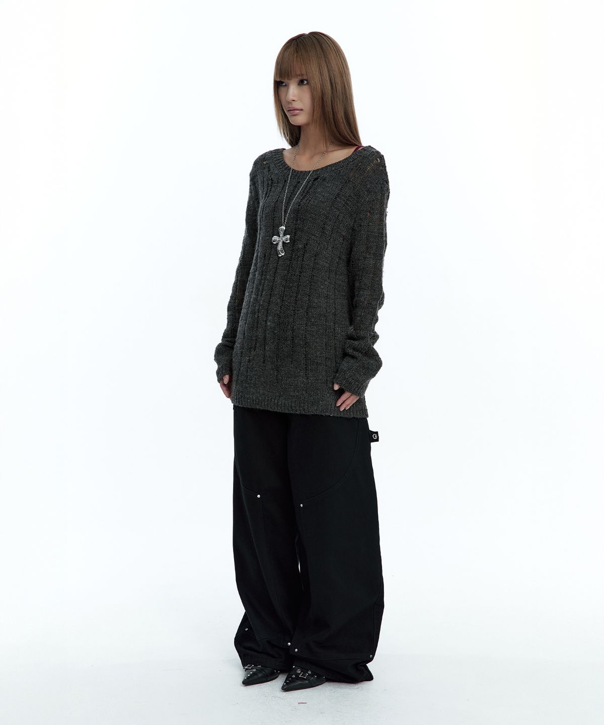 러프넥(ROUGHNECK) Damaged Graphic Knit Charcoal