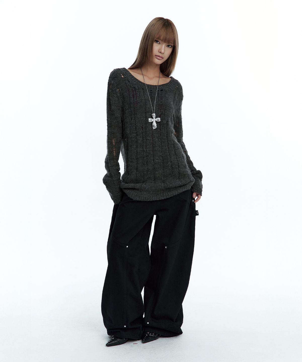 러프넥(ROUGHNECK) Damaged Graphic Knit Charcoal