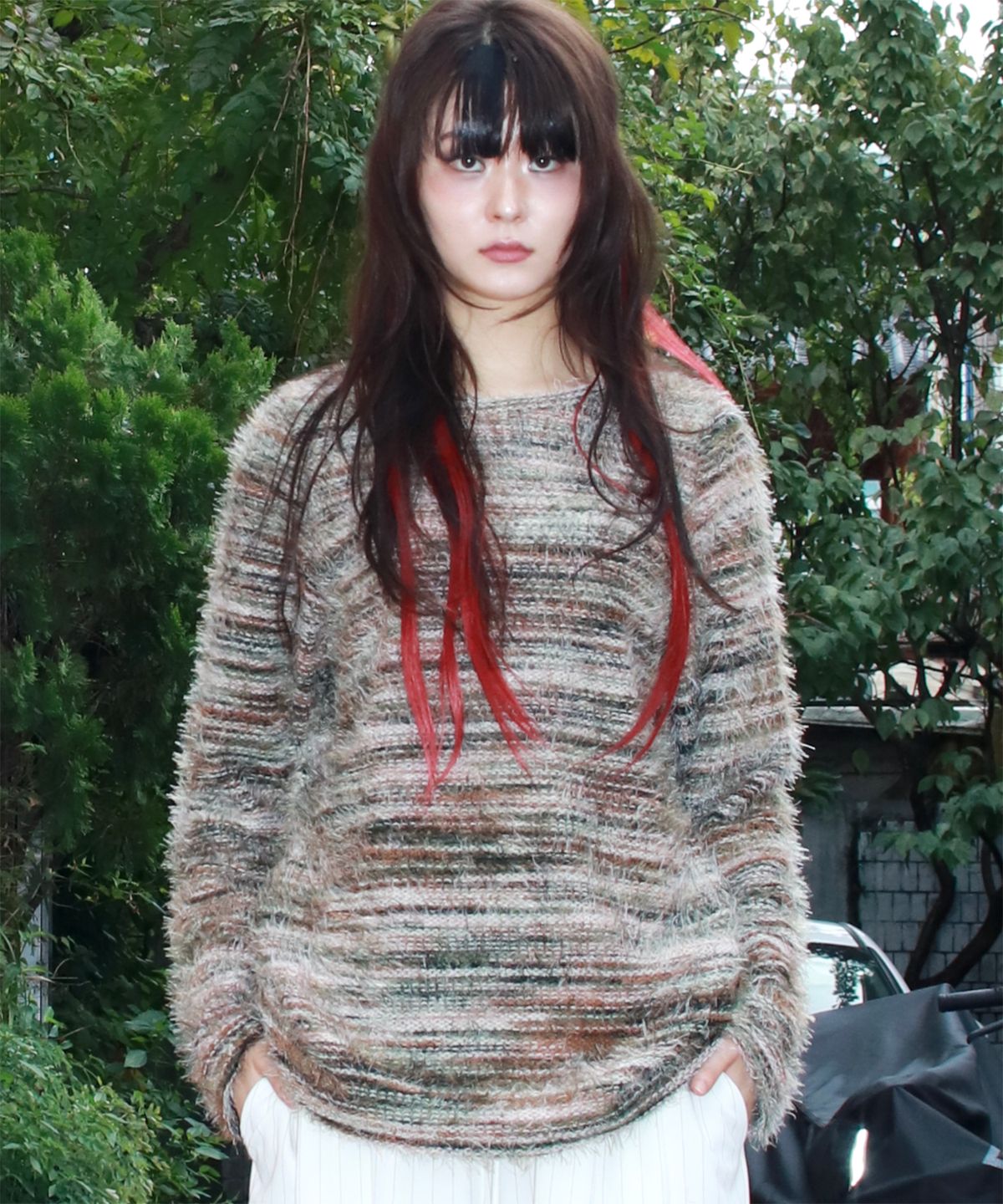 드마크(DEMARC) Rainbow stripe boxy long sleeve knit pullover -  Olive green