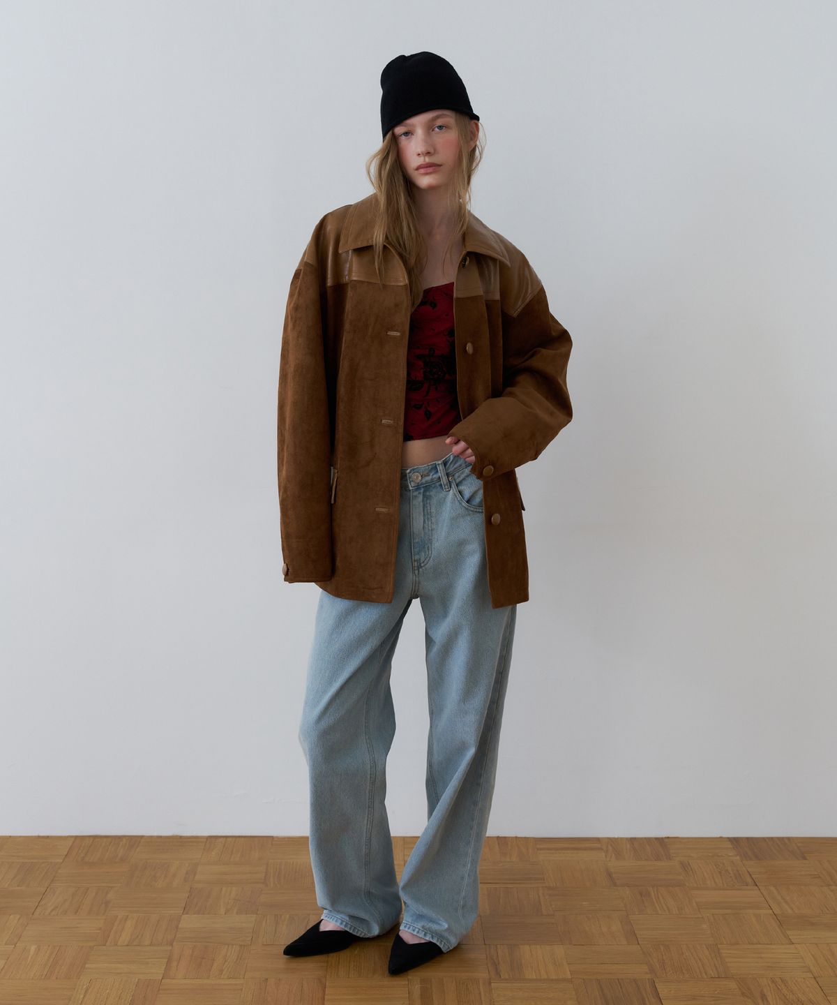 오버듀플레어(OVERDUEFLAIR) SOFT SUEDE RELAXED HALF JACKET_CAMEL