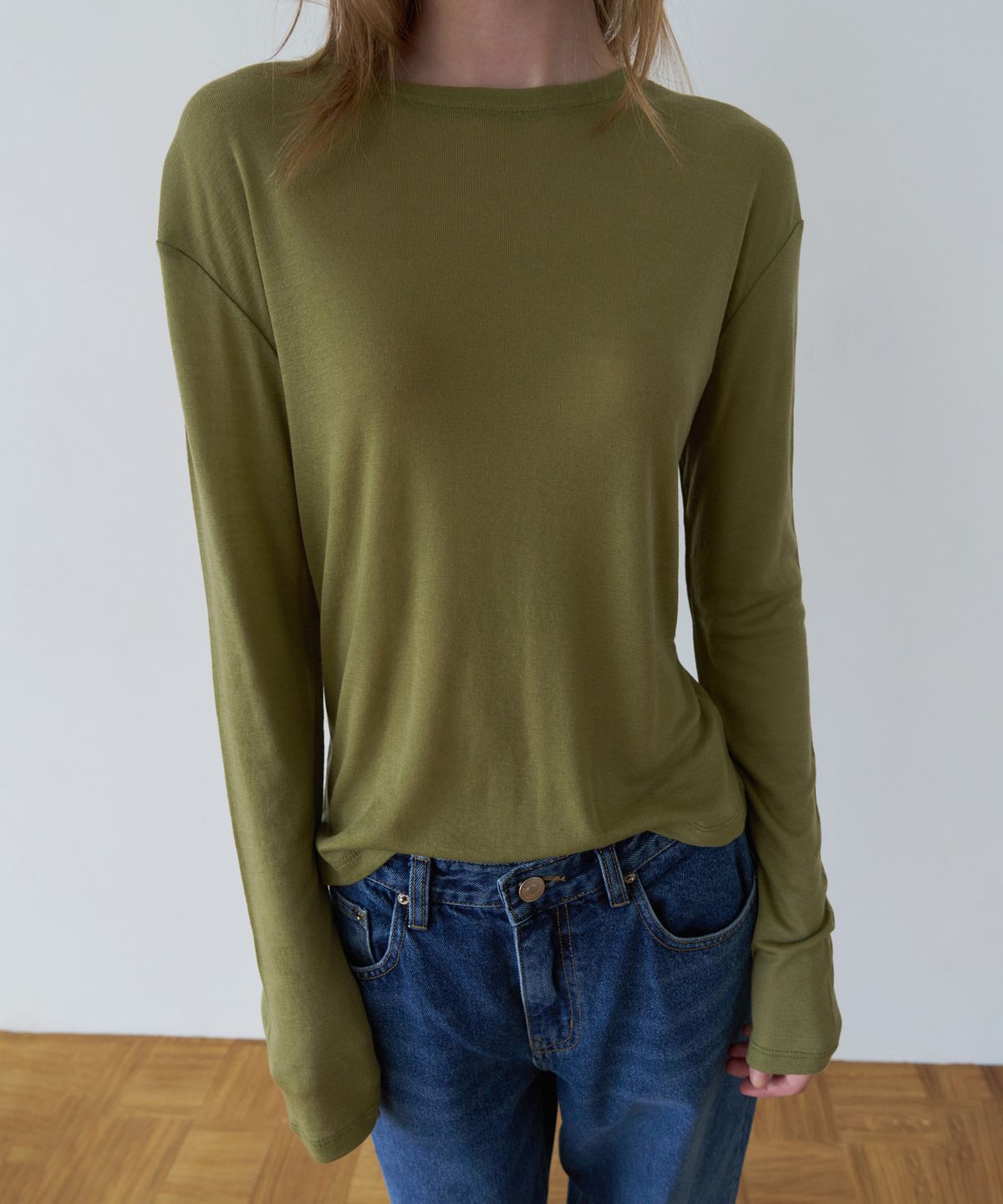오버듀플레어(OVERDUEFLAIR) SOFT WOOL TENCEL T-SHIRT_OLIVE