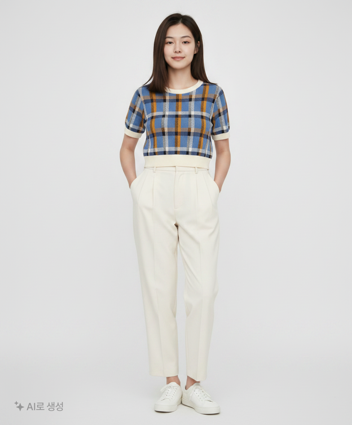 어몽(AMONG) A CHECK JACQUARD KNIT SET_BLUE S