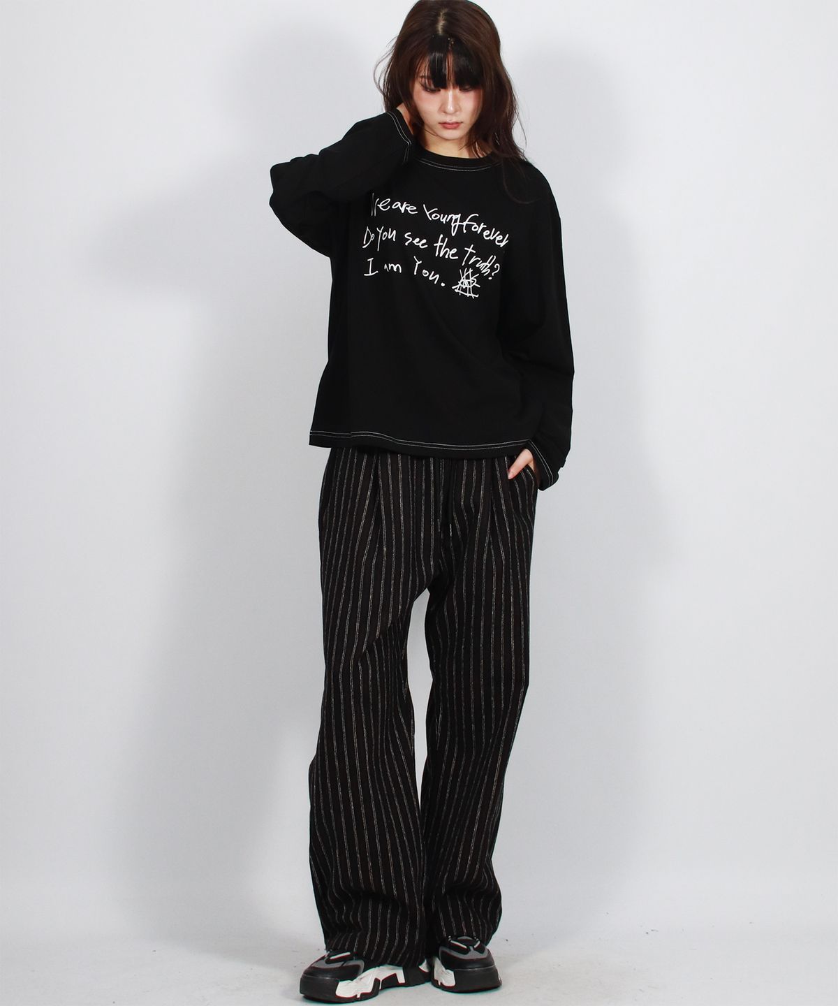 드마크(DEMARC) Vintage stripe straight-fit semi-wide pants - Black
