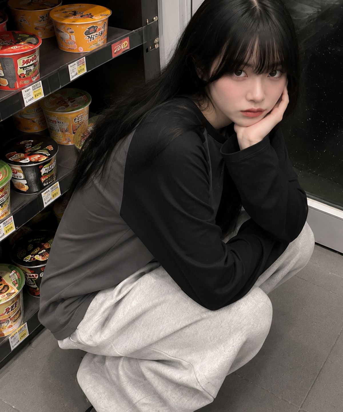 시그니처(SIGNATURE) 크롭 레글런 긴팔 티셔츠[블랙]