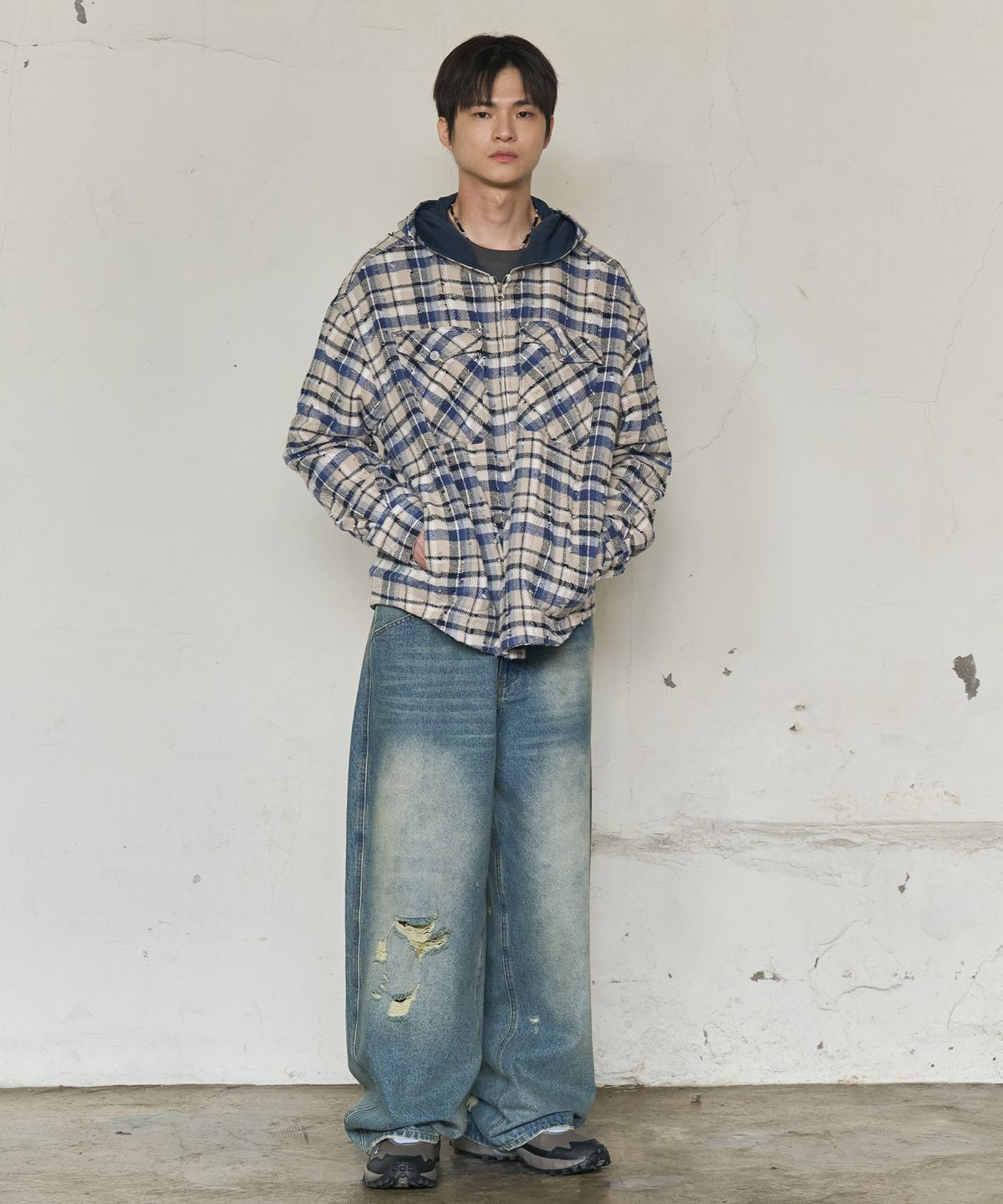 논타입(NONTYPE) 2PK CHECK HOODED JACKET (BLUE)