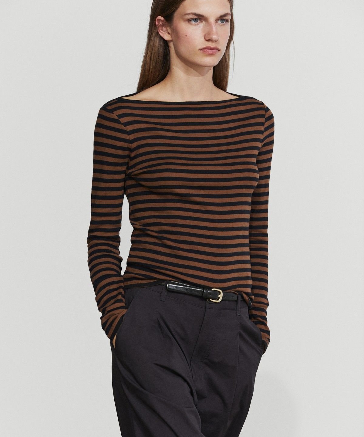 마시모두띠(MASSIMO DUTTI) 100% 코튼 보트넥 스트라이프 티셔츠